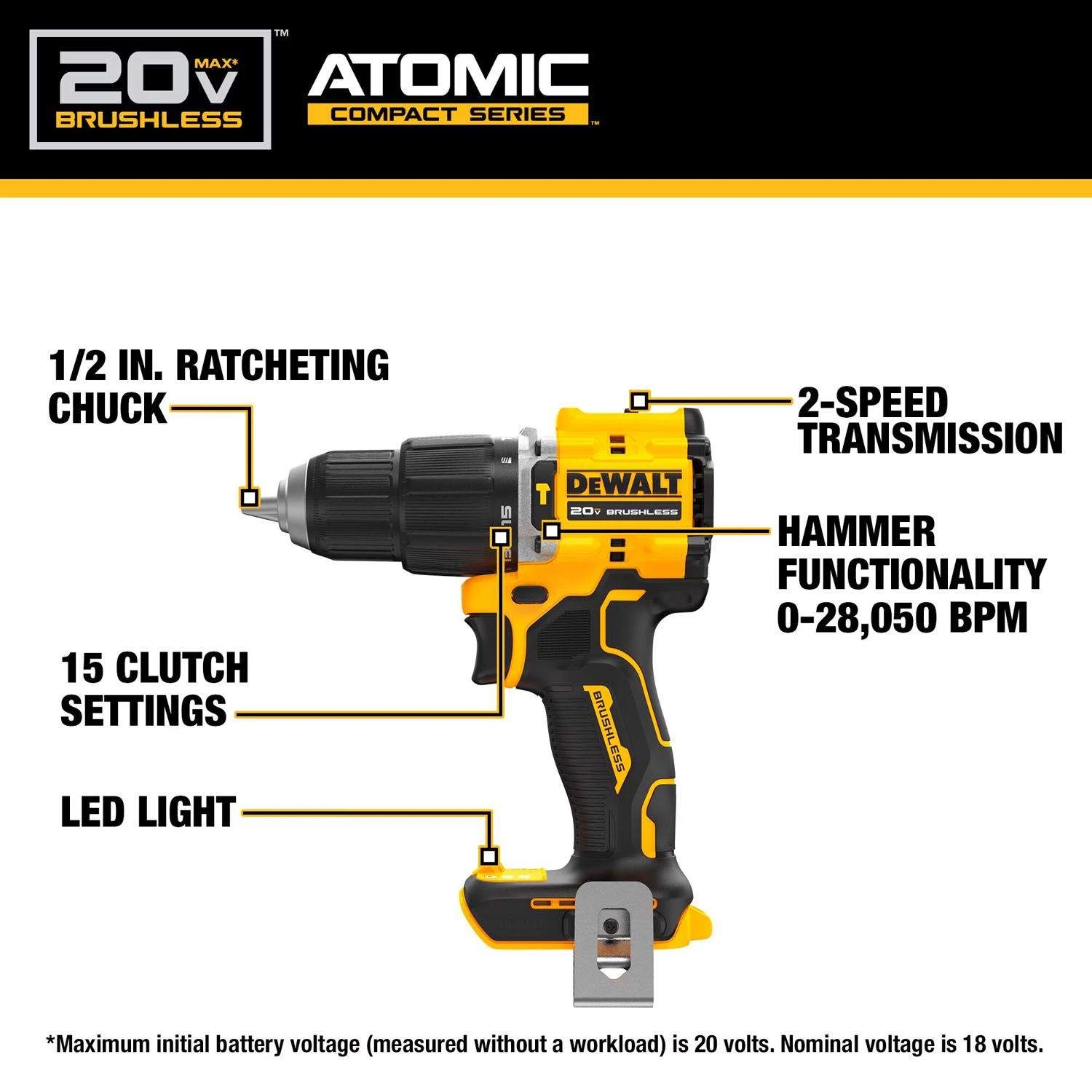 DeWalt 20V MAX ATOMIC 1/2 In. Brushless Cordless Hammer Drill Tool Only 4 DeWalt 20V MAX ATOMIC 1/2 In. Brushless Cordless Hammer Drill Tool Only - Image 2
