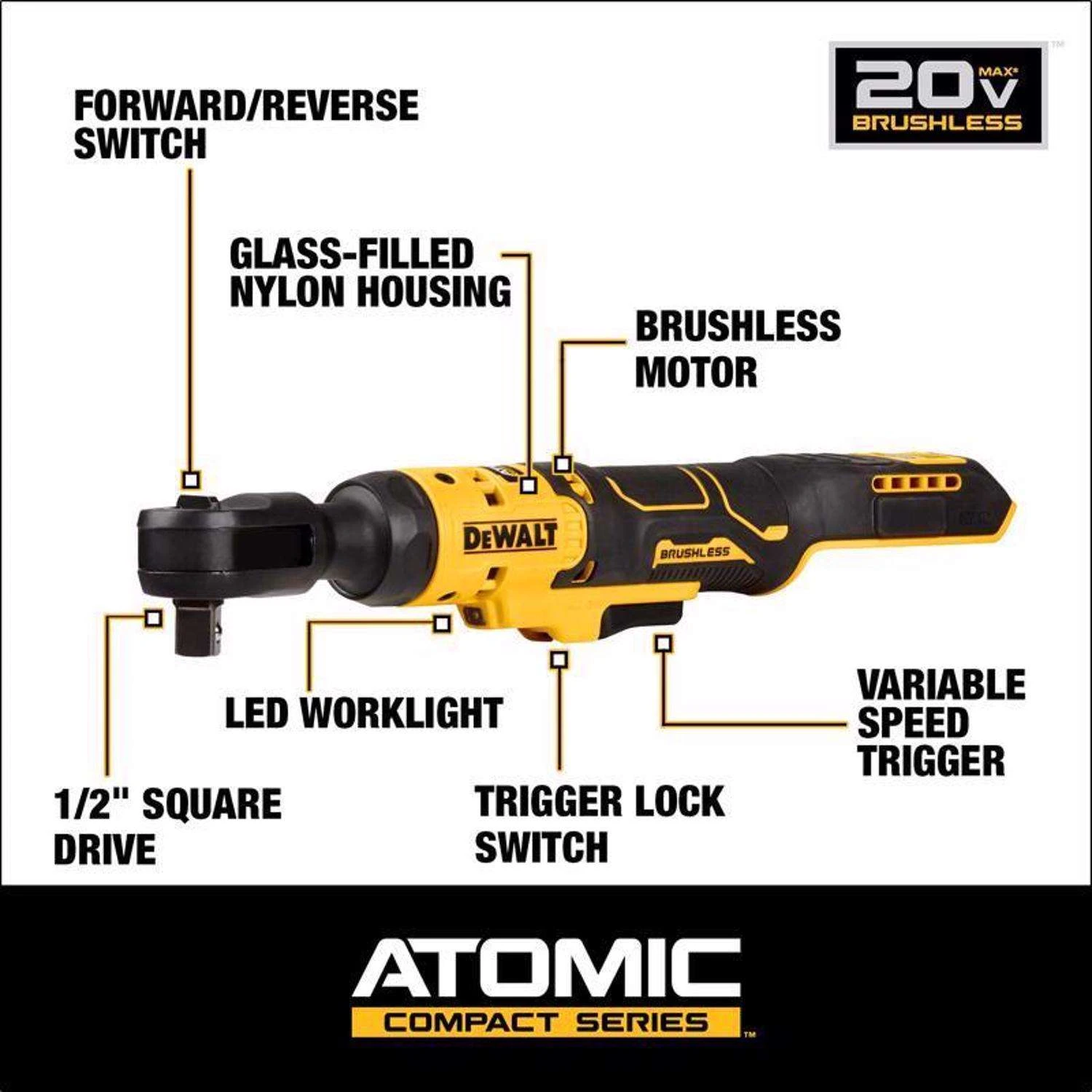 DeWalt 20V MAX ATOMIC 1/2 In. Brushless Cordless Ratchet Tool Only 4 DeWalt 20V MAX ATOMIC 1/2 In. Brushless Cordless Ratchet Tool Only - Image 2